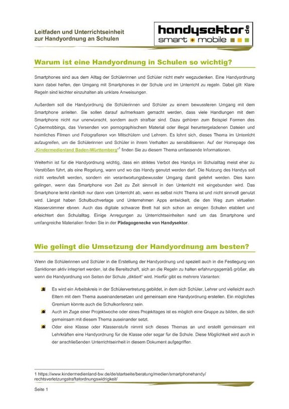Ansicht: Leitfaden und Unterrichtseinheit zur Handyordnung an Schulen